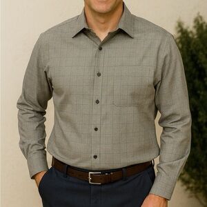 Alfani Gray Check Cotton Blend Button Up Shirt Men’s Small Plaid Classic Fit